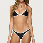 VacationGrabs Women 2 Pieces Bikini Swimsuits Patchwork Tie-Up Halter Neck Sleeveless Bra Thong Bottoms Beach Bathing Suit Set