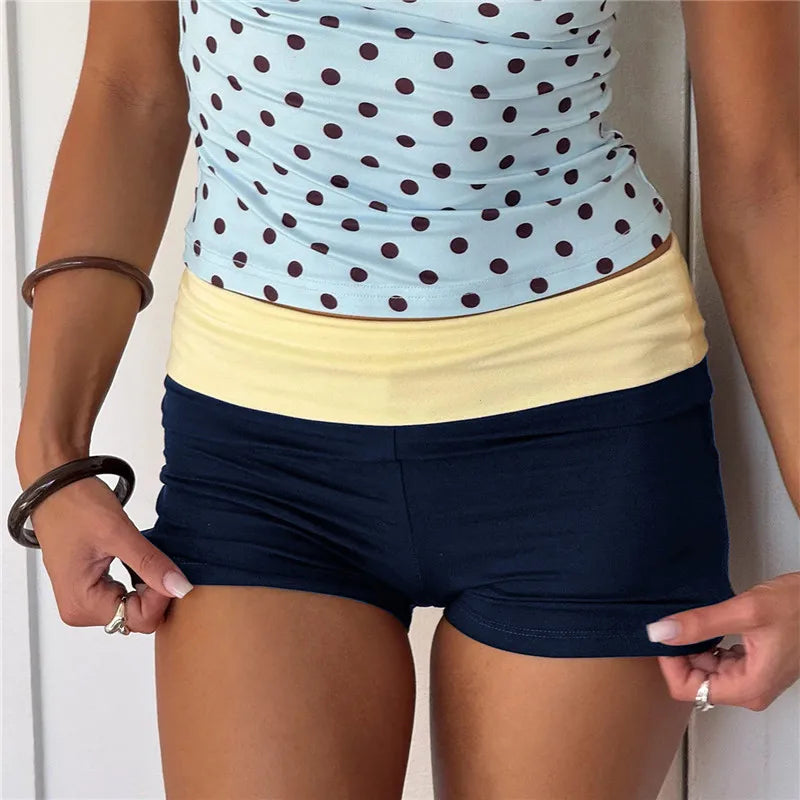 VacationGrabs Color Block Biker Shorts for Women Low Waist Fold Over Waistband Slim Fit Booty Shorts Streetwear Aesthetic Casual Pants