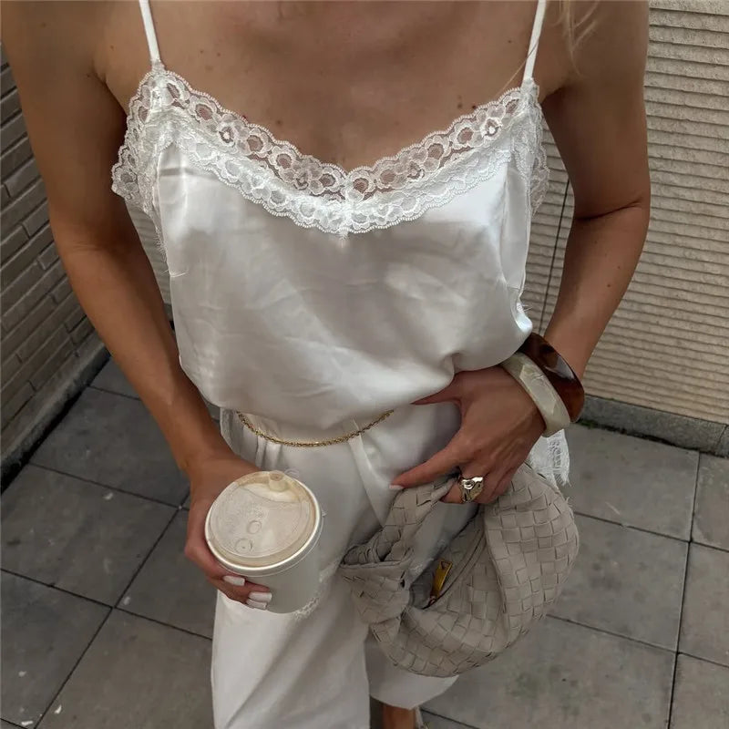 VacationGrabs Lace Trim Satin Cami Tank Tops for Women Spaghetti Strap Sexy V Neck Silk Camisole Going Out Party Club Shirts