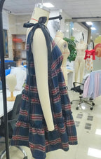 VacationGrabs Women Tartan Plaid Mini Dress Square Neck Mesh Bow Strap Sleeveless Tiered Ruffle A Line Swing Christmas Party Dress