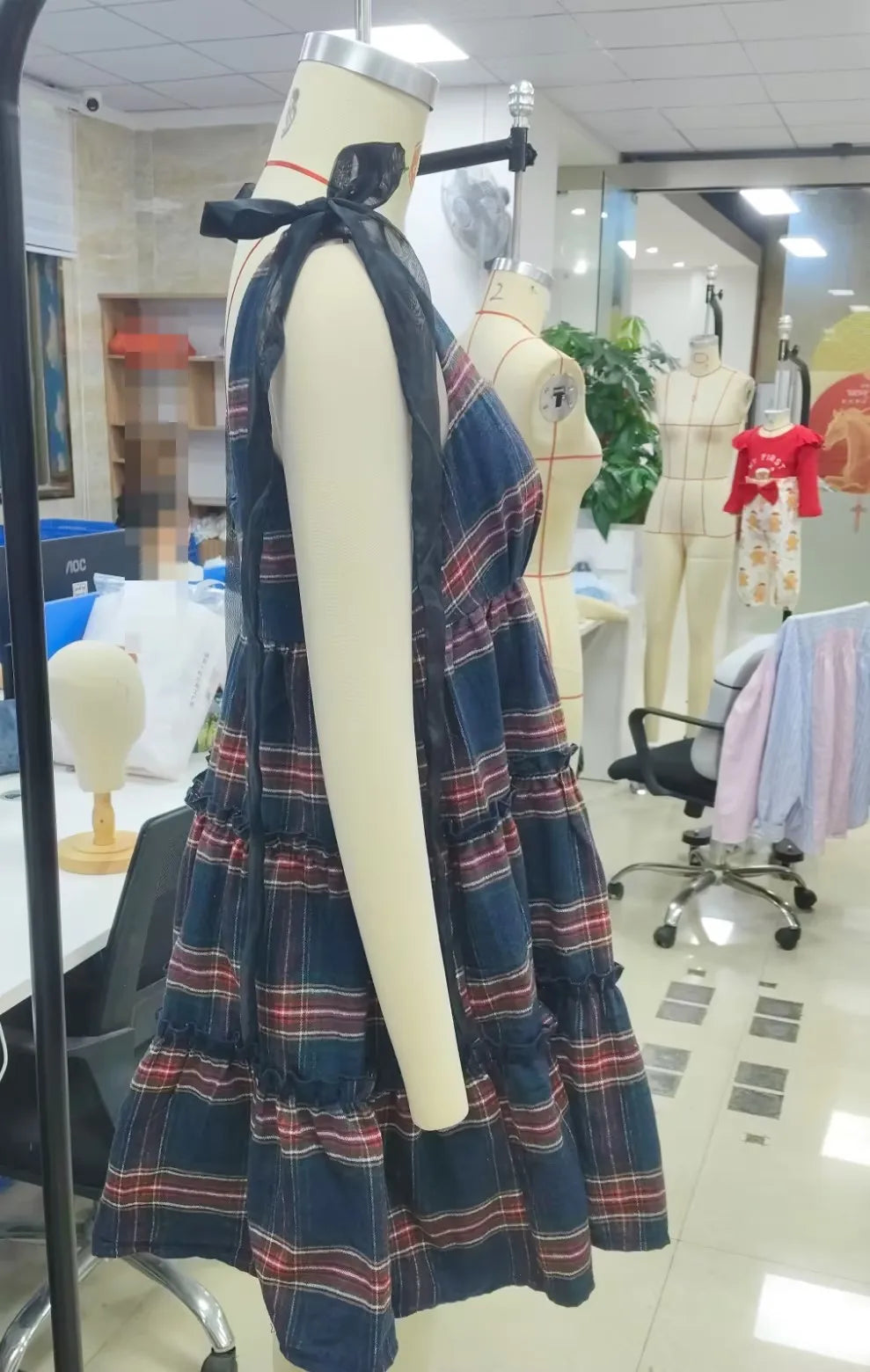 VacationGrabs Women Tartan Plaid Mini Dress Square Neck Mesh Bow Strap Sleeveless Tiered Ruffle A Line Swing Christmas Party Dress