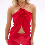 Red halter-top with ruffle detail, perfect for stylish summer outings