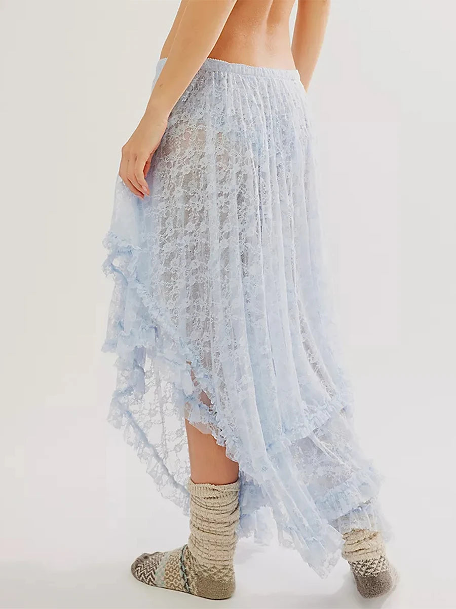 VacationGrabs Floral Lace Long Skirt for Women Y2K Elastic Waist Asymmetrical Layered Maxi Skirt Sexy See Through Flowy Beach Skirt