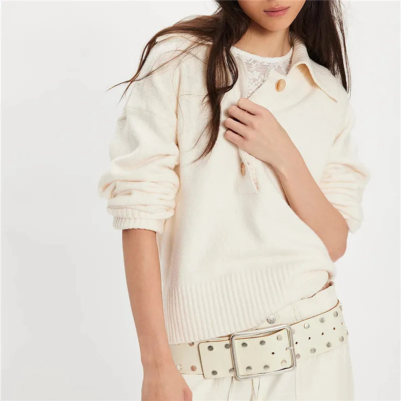 VacationGrabs Boho Women Sweater Long Sleeve Oversized Button Collared Pullover Lapel V Neck Knitted Jumper Tops Winter Fall Knitwear