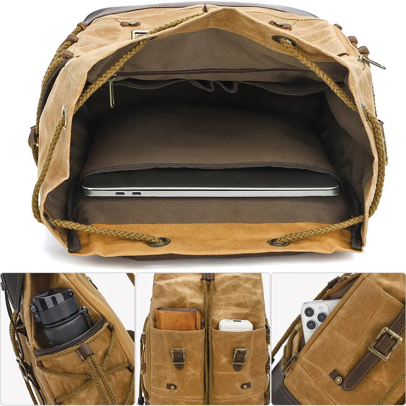 YETTIES Men's Waxed Canvas Backpack | Water-Resistant Laptop Travel Bag | Vintage Casual Rucksack for Student & Daily Commute
