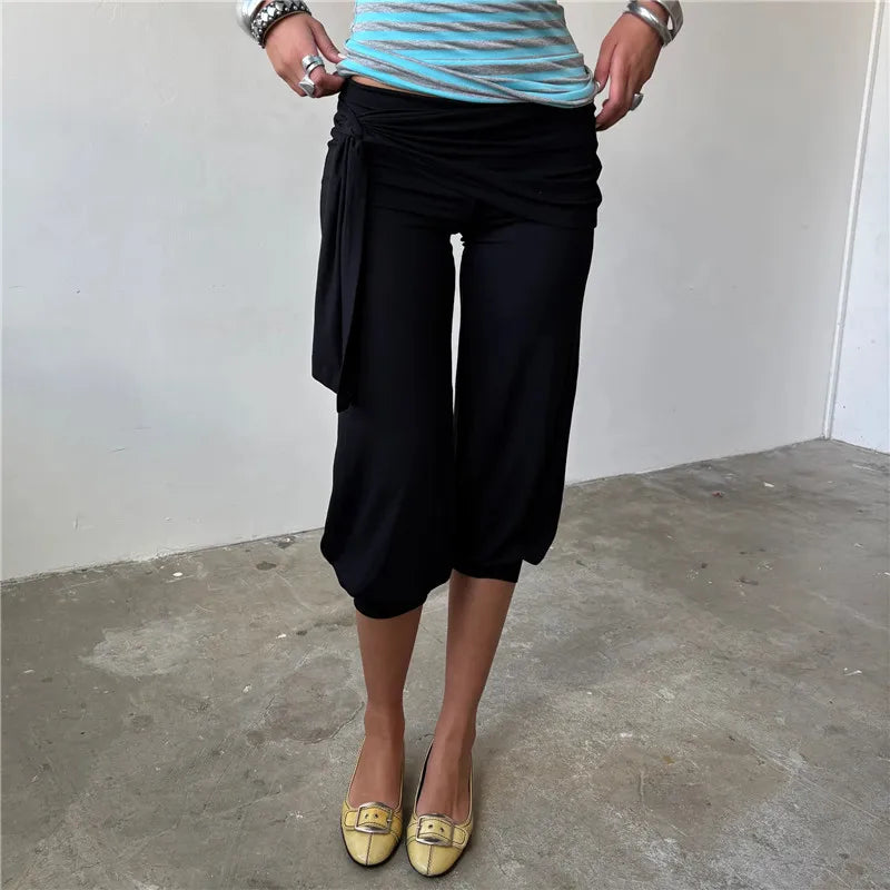Women Wrap Twist Waist Capri Sweatpants Side Tie Draped Layer Cropped Jogger Pants Casual Soft Modal Lounge Trousers Streetwear