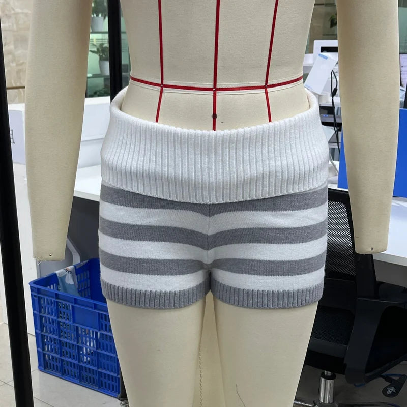 VacationGrabs Women Y2k Knit Mini Shorts Striped Foldover Low Waist Elastic Slim Fit Vintage Going Out Micro Bottom Streetwear
