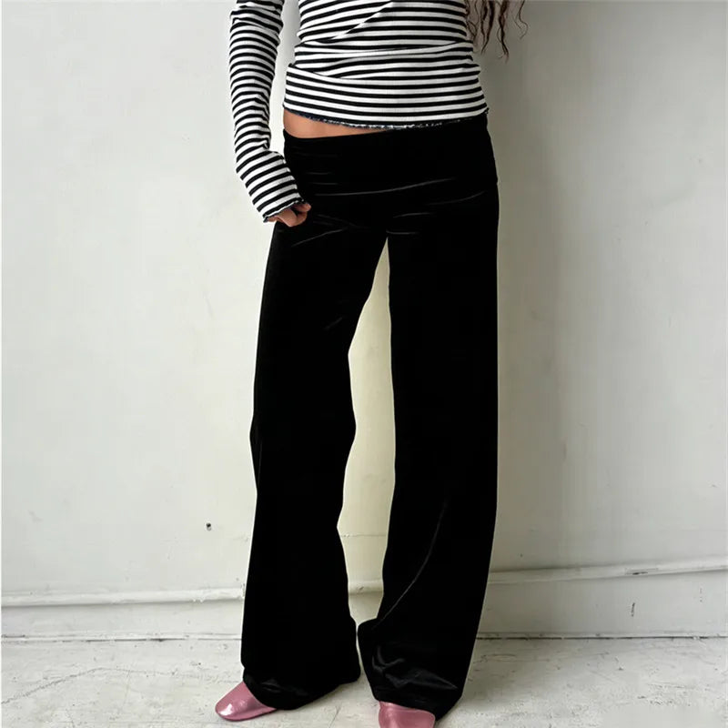 VacationGrabs Women Wide Leg Pants Solid Fold Over Waist Casual Trousers Spring Fall Straight Leg Sweatpants Bottoms Y2K Streetwear