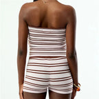 VacationGrabs Vintage Stripe 2 Piece Outfit Women Contrast Edge Strapless Tube Top Slim Fit Hot Shorts Casual Summer Y2K Streetwear