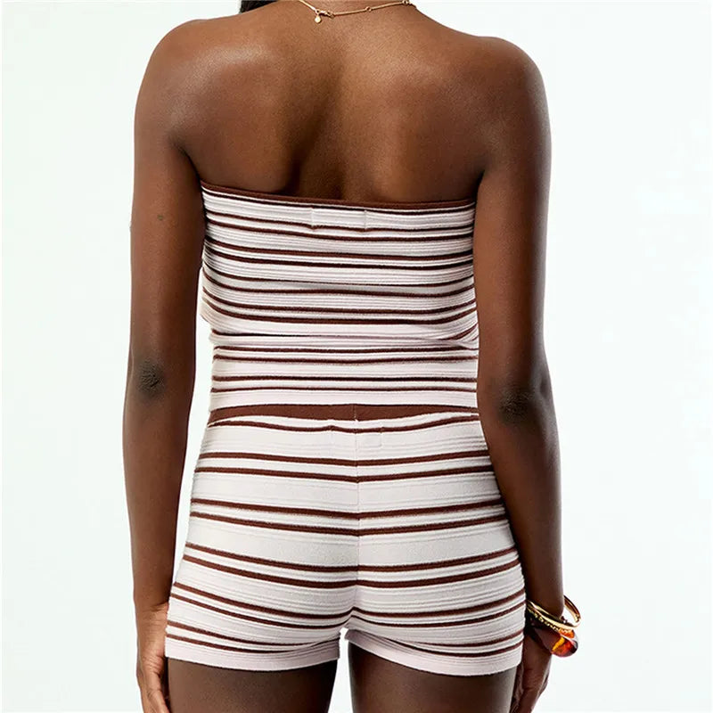 VacationGrabs Vintage Stripe 2 Piece Outfit Women Contrast Edge Strapless Tube Top Slim Fit Hot Shorts Casual Summer Y2K Streetwear