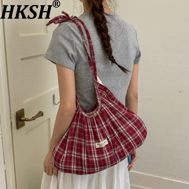 Women's Plaid Pleated Polyester Shoulder Bag, Casual Travel
