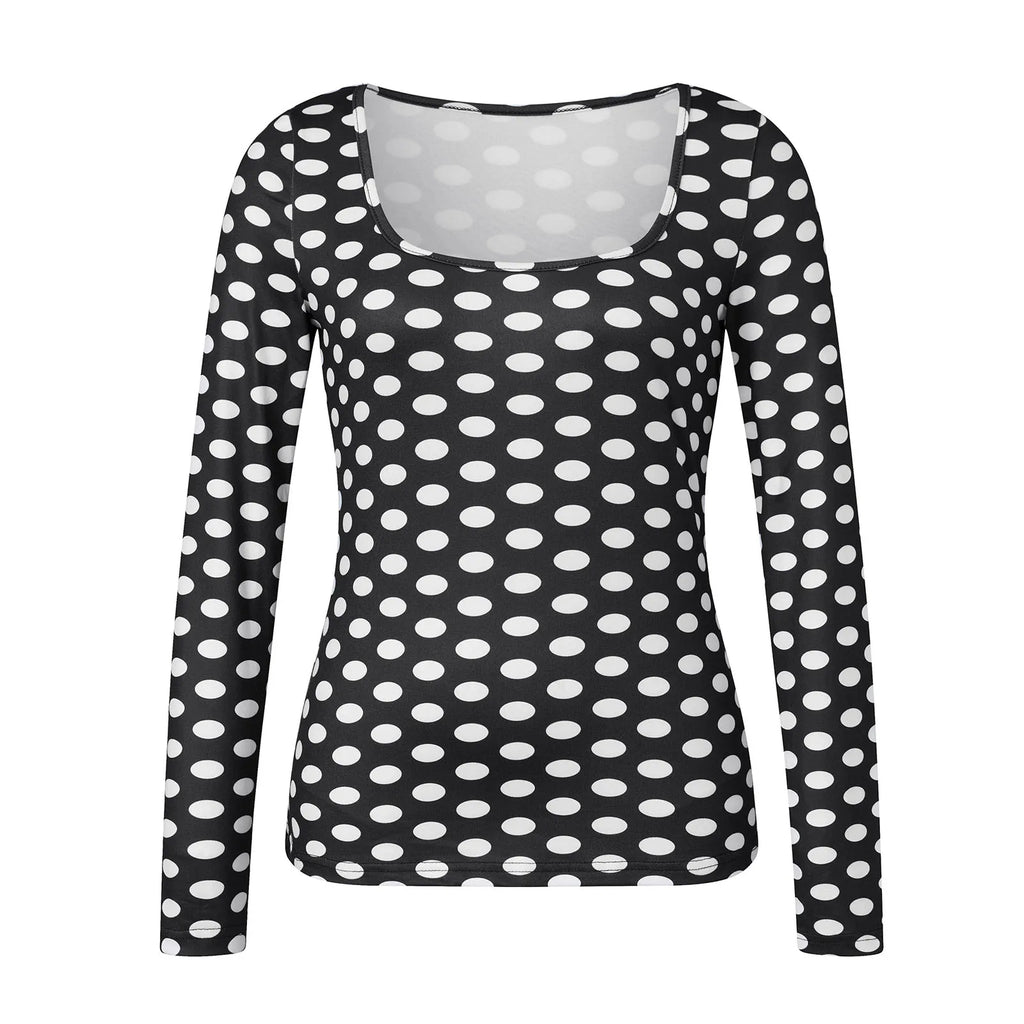 VacationGrabs Women Square Neck Polka Dot Print Long Sleeve Top Slim Fit Stretchy Y2K Vintage Casual Basic Tee Blouse Daily Wear