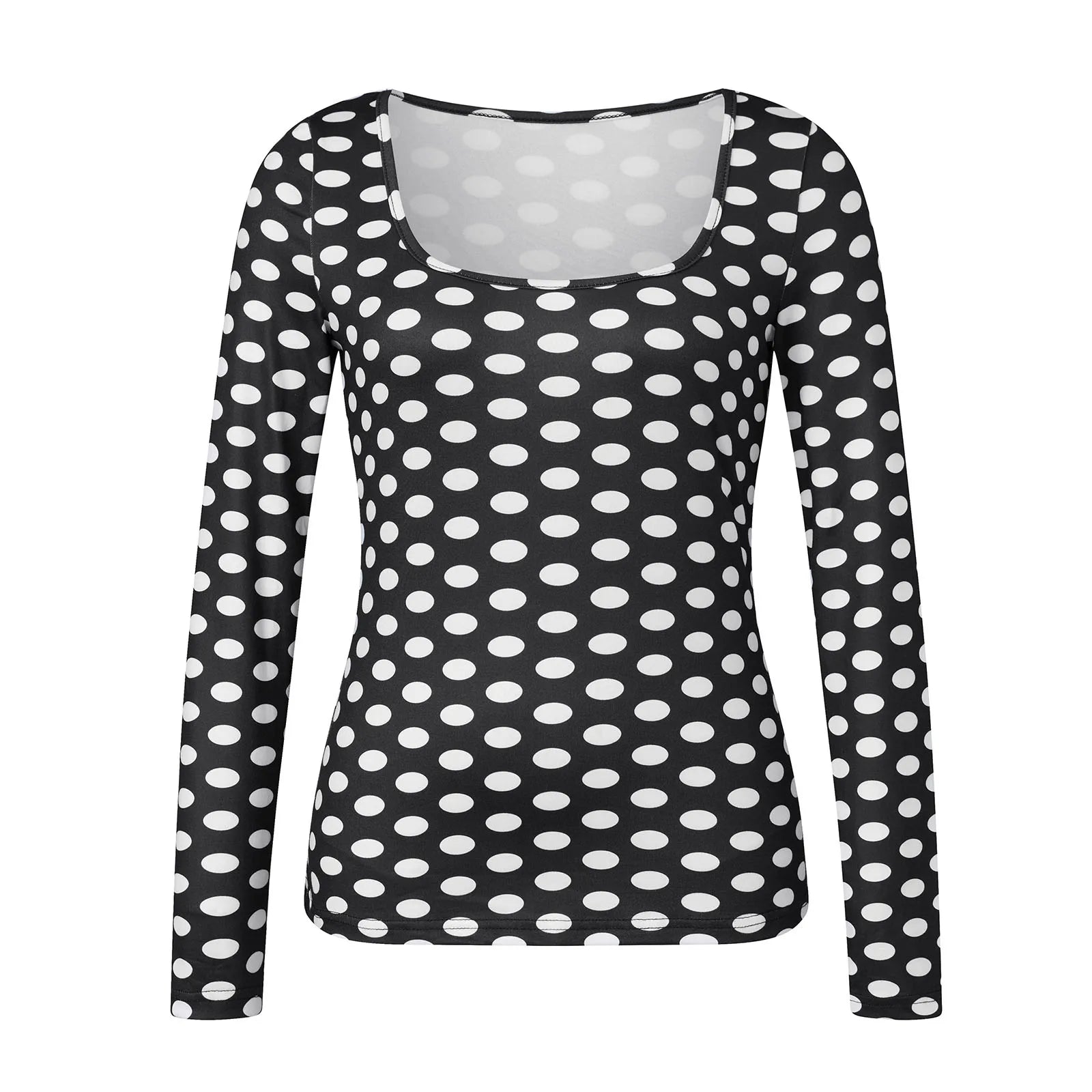 VacationGrabs Women Square Neck Polka Dot Print Long Sleeve Top Slim Fit Stretchy Y2K Vintage Casual Basic Tee Blouse Daily Wear