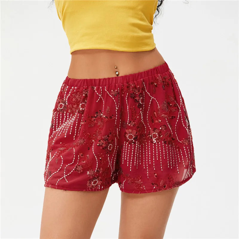 VacationGrabs Women Sequin Mini Shorts Y2K Low Rise Sparkle Floral Bead Embellished Bottoms Teen Girls Cute Summer Trendy Shorts