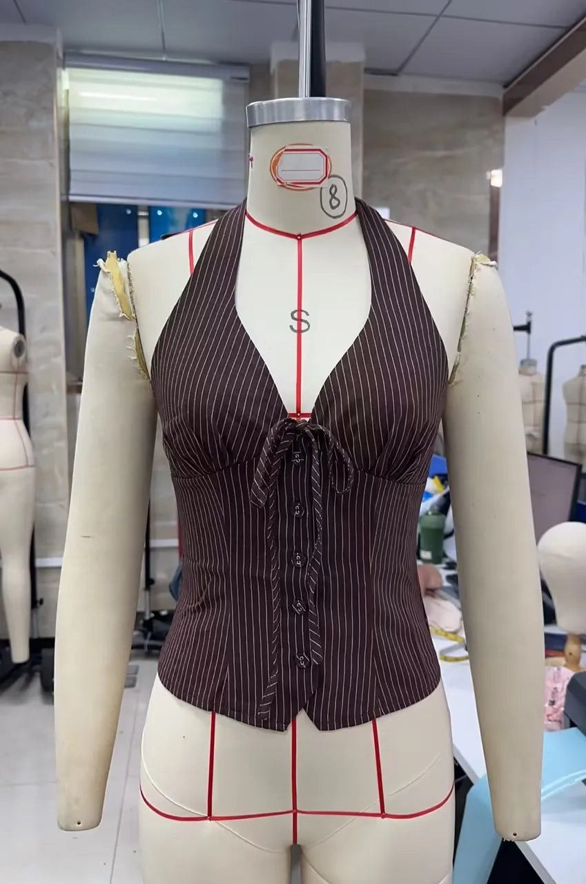 VacationGrabs Retro Pinstripe Halter Neck Crop Top Women Deep V Tie Front Button Down Sleeveless Slim Fit Y2K Tank Vest Streetwear