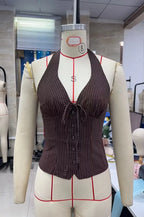 VacationGrabs Retro Pinstripe Halter Neck Crop Top Women Deep V Tie Front Button Down Sleeveless Slim Fit Y2K Tank Vest Streetwear