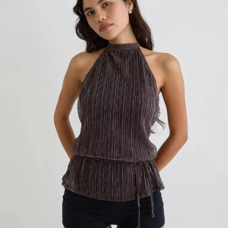 VacationGrabs Y2K Summer Backless Halter Neck Crop Tops Sleeveless Tie Up Open Back Shirts Vest Women's Chiffon Pleated Tank Top