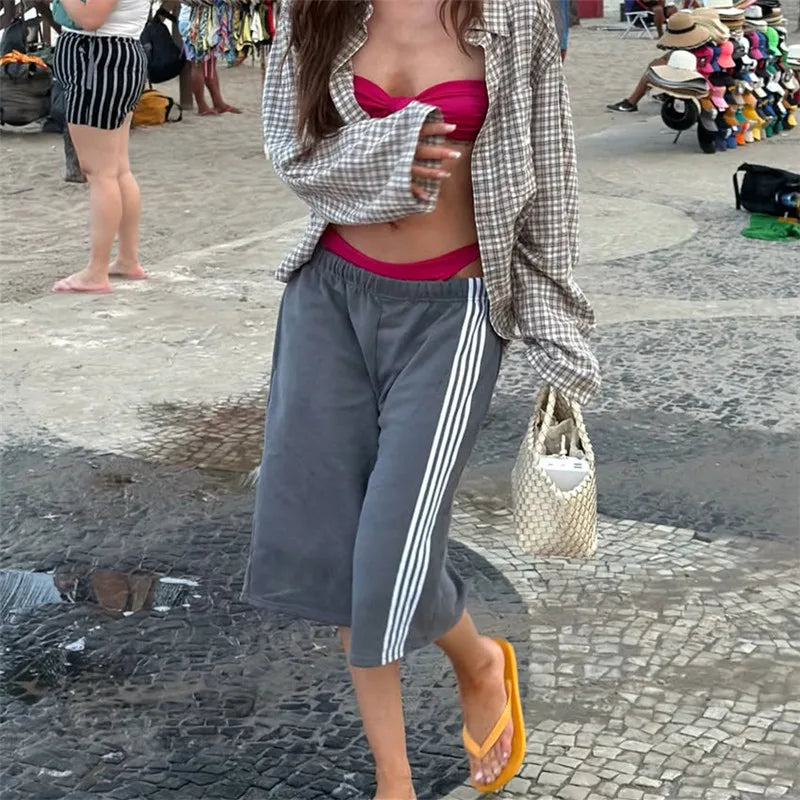 VacationGrabs Elastic Drawstring Waist Side Stripes Cropped Seven Pants Women Loose Wide Leg Sweat Jogger Casual Street Bottoms
