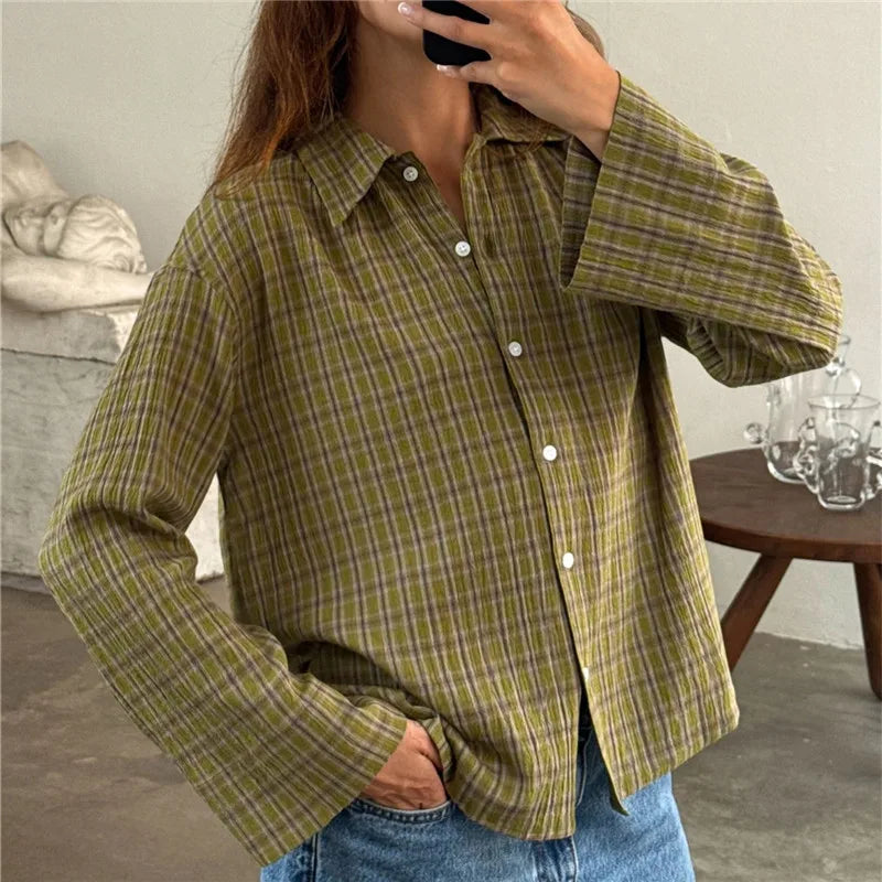 VacationGrabs Y2K Vintage Long Sleeve Blouse Stripes Collared Shirts Striped Button Down Shirt Women Oversized Trendy Fall Y2K Clothes