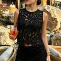 Women Floral Hollow Lace Sleeveless Crop Top Round Neck Scalloped Hem Sheer Mesh Vest Summer Beach Cover Up Solid Color Tank Top