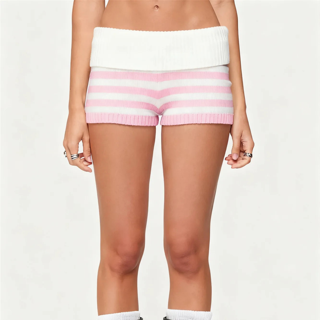 VacationGrabs Women Y2k Knit Mini Shorts Striped Foldover Low Waist Elastic Slim Fit Vintage Going Out Micro Bottom Streetwear