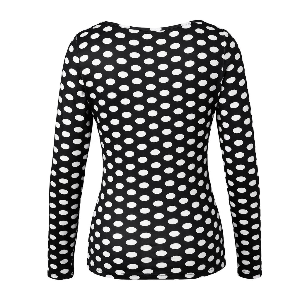 VacationGrabs Women Square Neck Polka Dot Print Long Sleeve Top Slim Fit Stretchy Y2K Vintage Casual Basic Tee Blouse Daily Wear