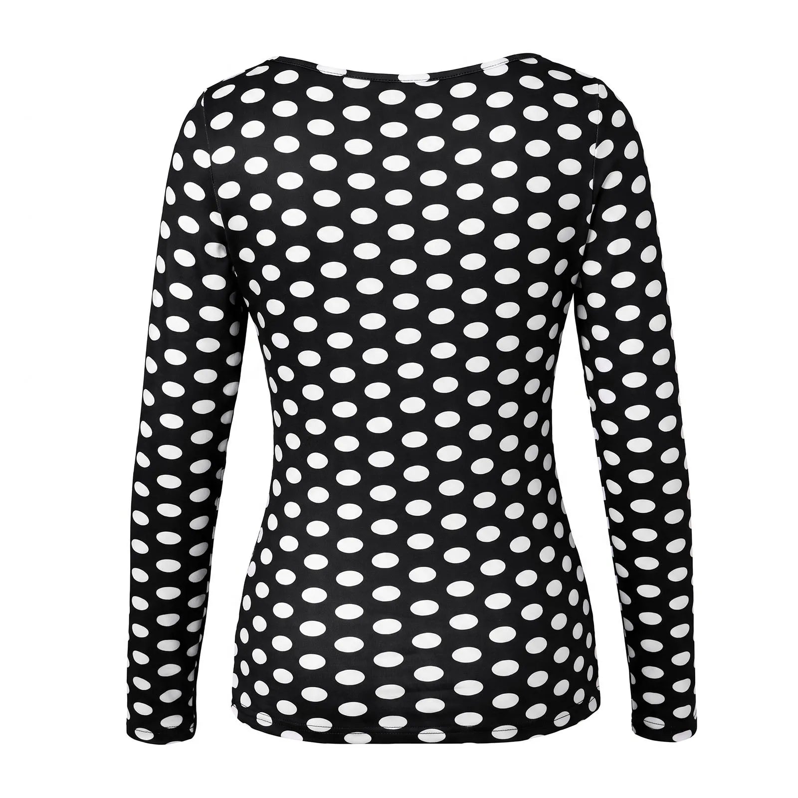 VacationGrabs Women Square Neck Polka Dot Print Long Sleeve Top Slim Fit Stretchy Y2K Vintage Casual Basic Tee Blouse Daily Wear