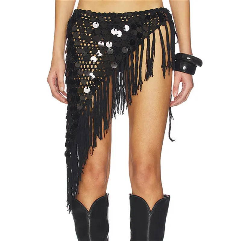VacationGrabs Women Boho Handmade Crochet Sequin Fringe Wrap Skirt Asymmetrical Tassel Beach Cover Up Summer Festival Streetwear