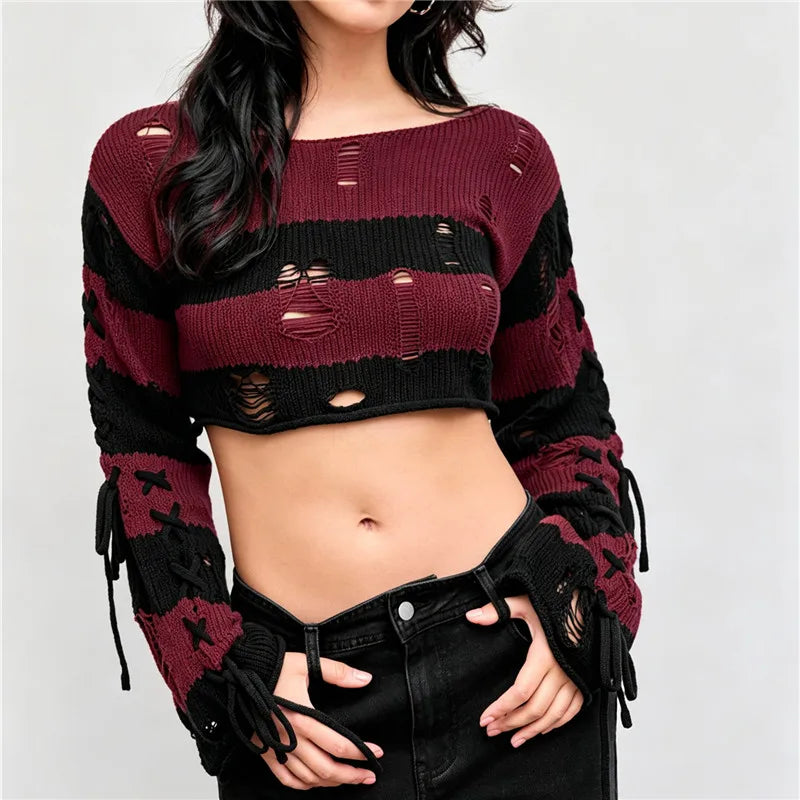 VacationGrabs Y2K Punk Distressed Striped Crop Knit Sweater Women Cross Lace Up Side Long Sleeve Ripped Hole Gothic Streetwear Top
