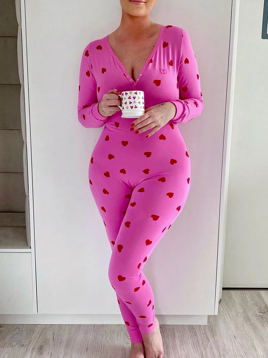 VacationGrabs Women Bodycon Jumpsuits Heart Print V-Neck Long Sleeve Rompers Fall Winter Casual Playsuits Valentine's Day Clothes