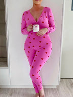 VacationGrabs Women Bodycon Jumpsuits Heart Print V-Neck Long Sleeve Rompers Fall Winter Casual Playsuits Valentine's Day Clothes