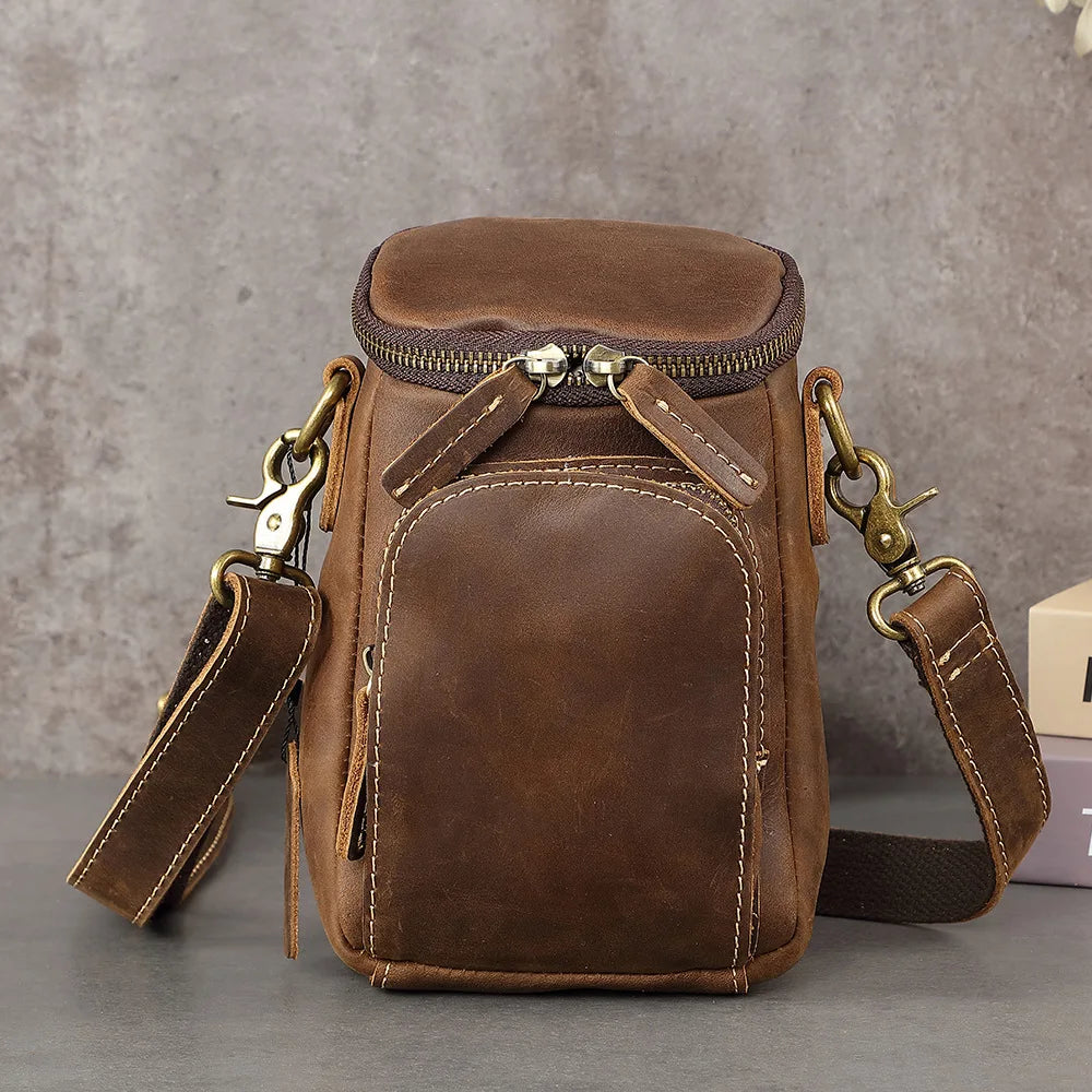 Vintage Top-Grain Leather Crossbody Bag - Men's Mini Waist Pack with Belt Loop, Convertible Phone Pouch & Casual Small Backpack
