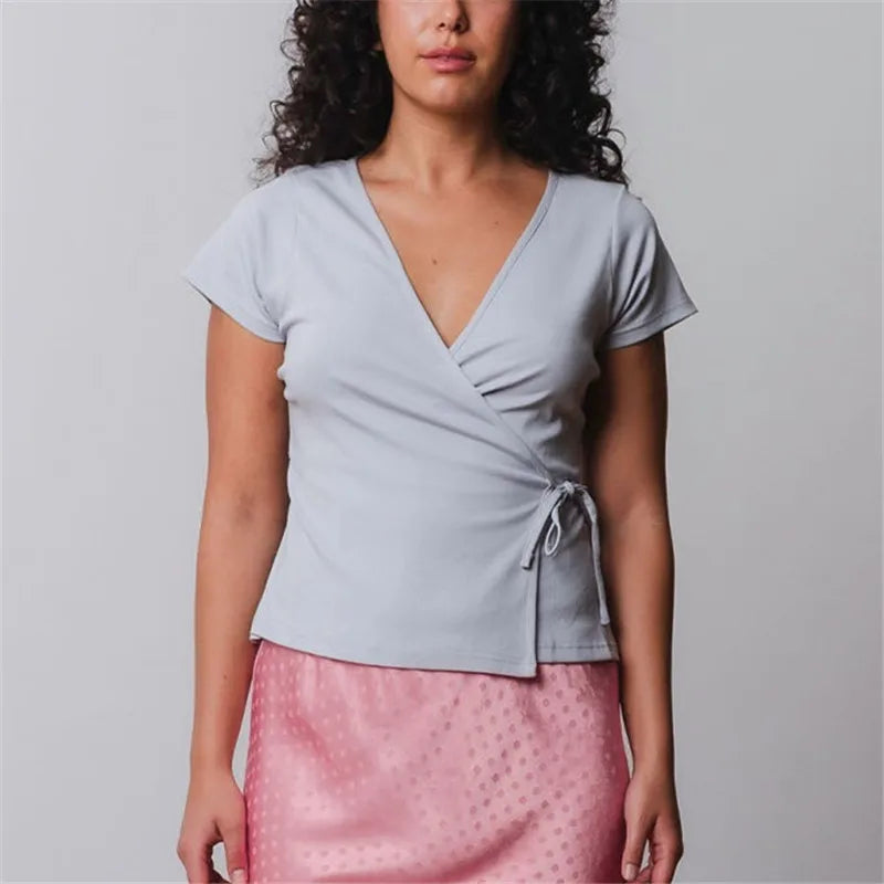VacationGrabs Ladies Surplice Wrap V‑Neck Short Cap Sleeve T‑Shirt Side Tie Knot Fitted Cropped Top Solid Color Casual Daily Blouse