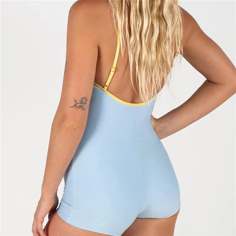 VacationGrabs Womens Monokini Swimsuit Tight Fitted Contrast Trim Scoop Neck Spaghetti Strap Open Back Bathing Suit Casual Swimwear