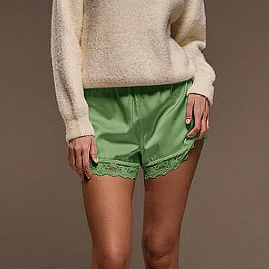 VacationGrabs Lace Trim Satin Shorts for Women Silky Elastic Waist Mini Shorts Casual Lounge French Knickers Slip Boxer Pj Bottoms