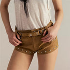 VacationGrabs Y2K Vintage Rivet Faux Suede Micro Shorts Women Low Waist Slim Skinny Hot Pants Retro Streetwear Club Night Mini Shorts