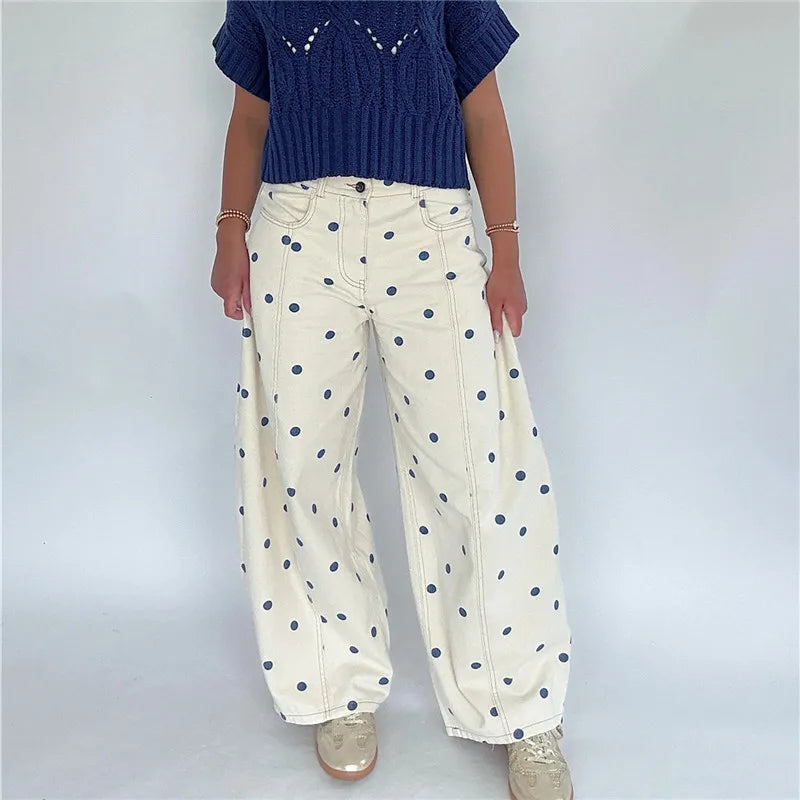 VacationGrabs Polka Dot Jeans Women Y2K Print High Waisted Wide Leg Denim Pants Vintage Stretchy Boyfriend Jeans 90s 00s Streetwear