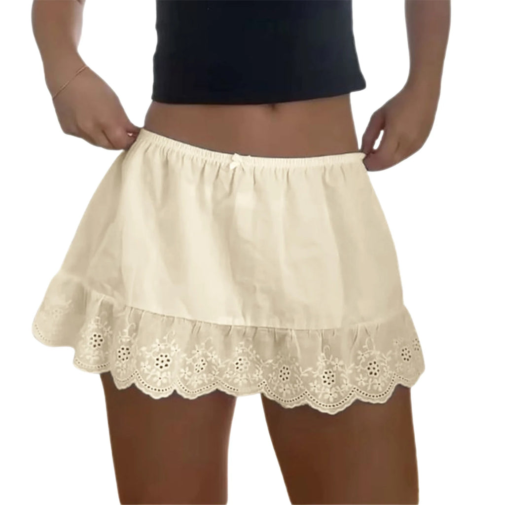 VacationGrabs Women Y2k Lace Trim Mini Skirt Floral Eyelet Embroidery Half Slip Underskirts Cute Low Rise Summer Skater Skirt