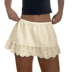 VacationGrabs Women Y2k Lace Trim Mini Skirt Floral Eyelet Embroidery Half Slip Underskirts Cute Low Rise Summer Skater Skirt