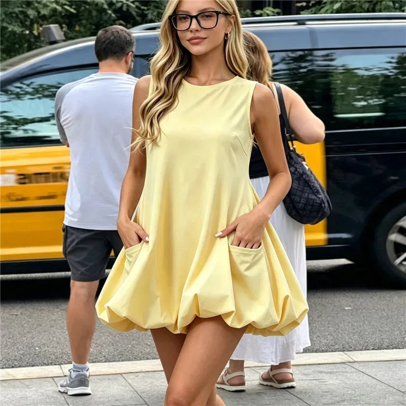 VacationGrabs Women Sleeveless Round Neck Mini Dress Solid Puffy Bubble Hem Balloon Dress Back Zipper Loose Casual A Line Short Dress