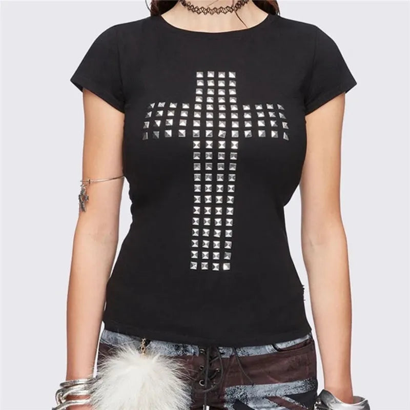 Retro Gothic Women's Studded Cross Baby Tee Fitted Black Short Sleeve T-Shirt Emo Punk Rock Streetwear for Dark Style