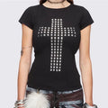 Retro Gothic Women's Studded Cross Baby Tee Fitted Black Short Sleeve T-Shirt Emo Punk Rock Streetwear for Dark Style