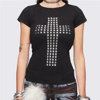 Retro Gothic Women's Studded Cross Baby Tee Fitted Black Short Sleeve T-Shirt Emo Punk Rock Streetwear for Dark Style