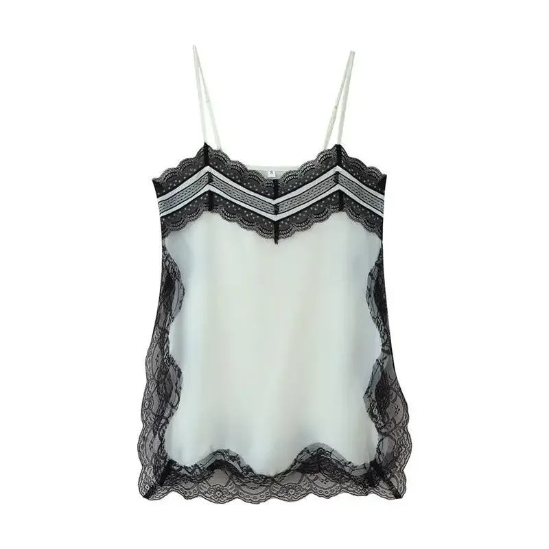 VacationGrabs Women Lace Trim Satin High Low Tops Silk Spaghetti Strap Side Split Asymmetrical Cami Top Flowy Silky Layering Tops