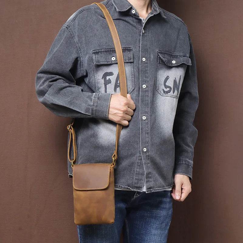 Men's Retro Leather Small Crossbody Phone Bag Cowhide Sling - VacationGrabs