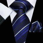 Men's blue striped tie, silk material, perfect for learning how fold a pocket square.