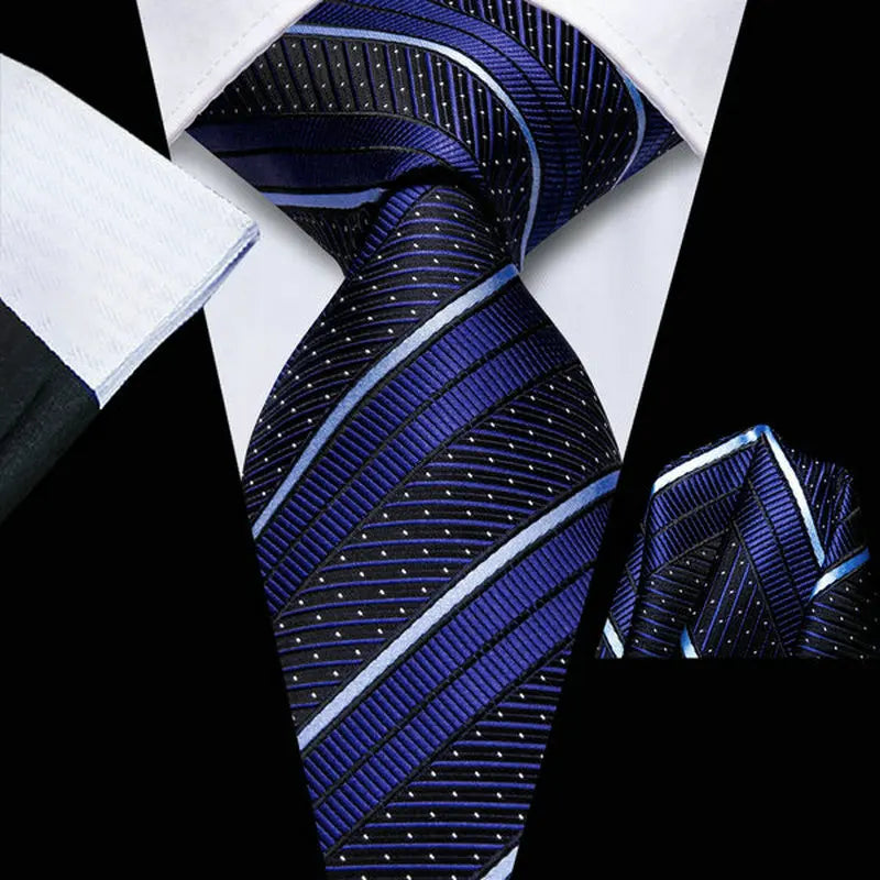 Men's blue striped tie, silk material, perfect for learning how fold a pocket square.