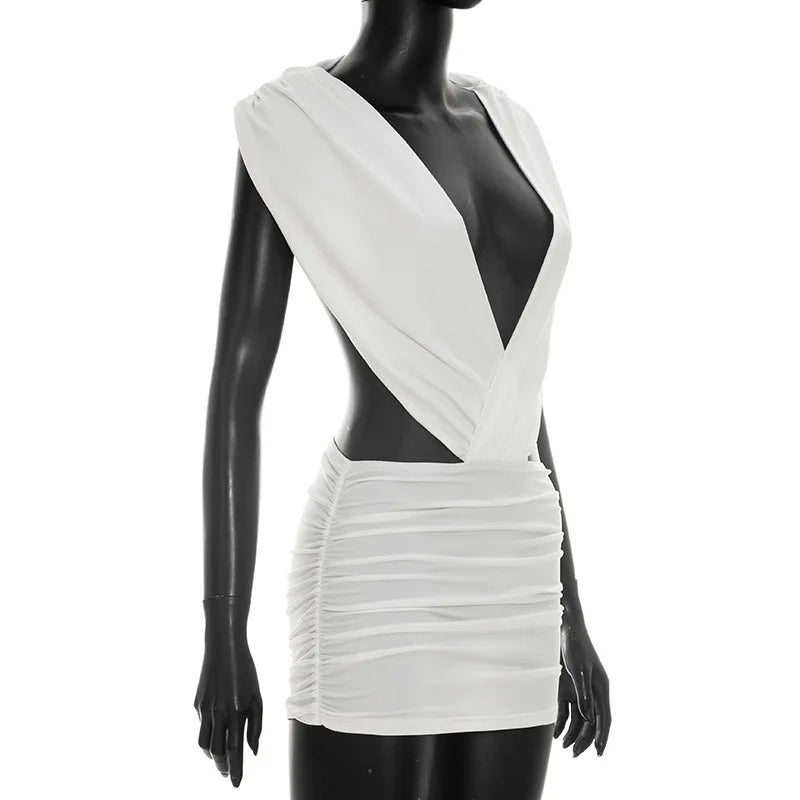VacationGrabs Women Bodycon Mini Dress Deep V Neck Backless Ruched Sleeveless Satin Dresses Evening Party Club Night Out Holiday Wear