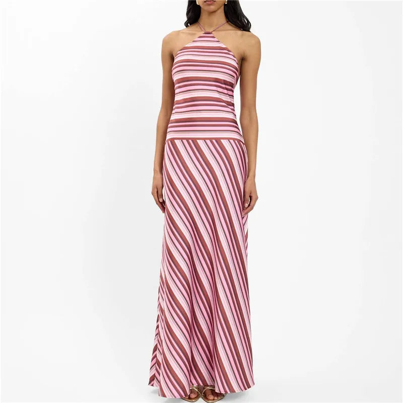 Women's striped halter neck and maxi dress for summer outings