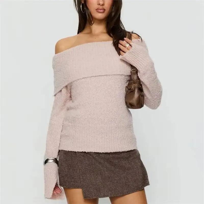 VacationGrabs Womens Off The Shoulder Sweater Y2K Oversized Long Sleeve Slouchy Knitted Loose Pullover Sweaters Tops Streetwear